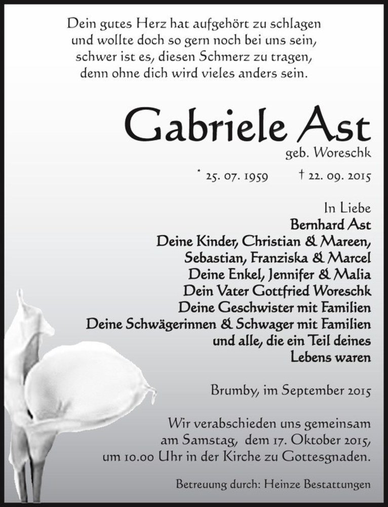  Traueranzeige für Gabriele Ast (geb. Woreschk)  vom 02.10.2015 aus Magdeburger Volksstimme