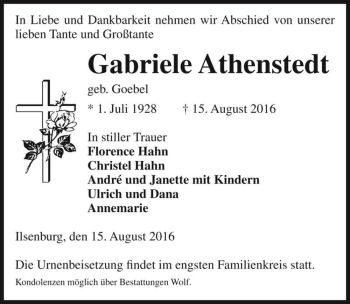 Traueranzeige von Gabriele Athenstedt (geb. Goebel)  von Magdeburger Volksstimme