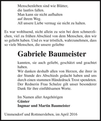Traueranzeige von Gabriele Baumeister  von Magdeburger Volksstimme