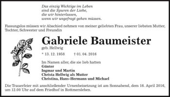 Traueranzeige von Gabriele Baumeister (geb. Hellwig)  von Magdeburger Volksstimme
