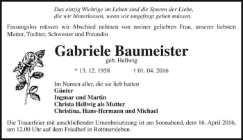 Traueranzeige von Gabriele Baumeister (geb. Hellwig)  von Magdeburger Volksstimme