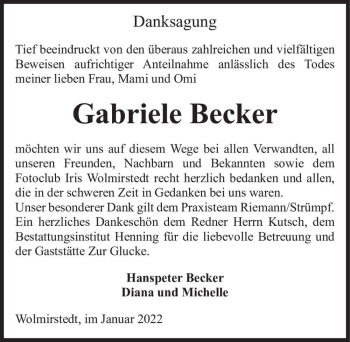 Traueranzeige von Gabriele Becker  von Magdeburger Volksstimme