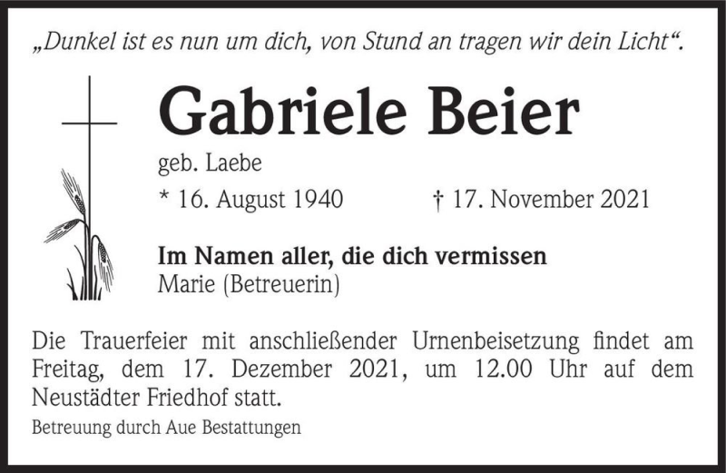  Traueranzeige für Gabriele Beier (geb. Laebe)  vom 04.12.2021 aus Magdeburger Volksstimme