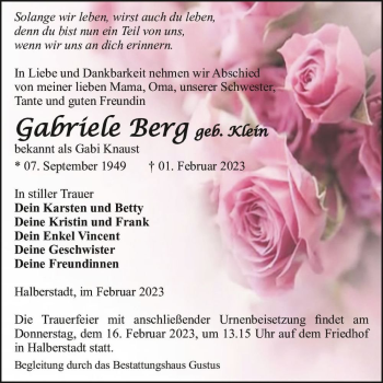 Traueranzeige von Gabriele Berg (geb. Klein)  von Magdeburger Volksstimme