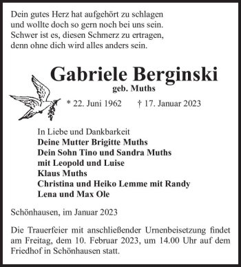 Traueranzeige von Gabriele Berginski (geb. Muths)  von Magdeburger Volksstimme