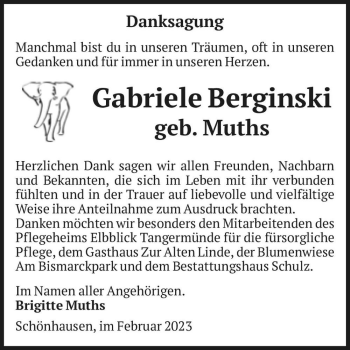 Traueranzeige von Gabriele Berginski (geb. Muths)  von Magdeburger Volksstimme