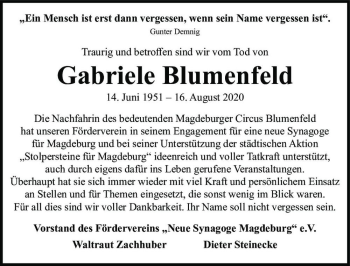 Traueranzeige von Gabriele Blumenfeld  von Magdeburger Volksstimme