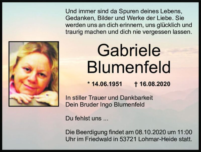  Traueranzeige für Gabriele Blumenfeld  vom 26.09.2020 aus Magdeburger Volksstimme