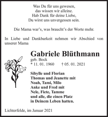 Traueranzeige von Gabriele Blüthmann (geb. Bock)  von Magdeburger Volksstimme
