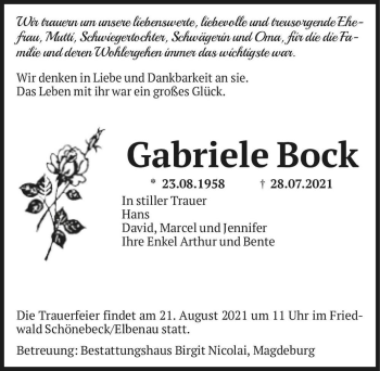 Traueranzeige von Gabriele Bock  von Magdeburger Volksstimme