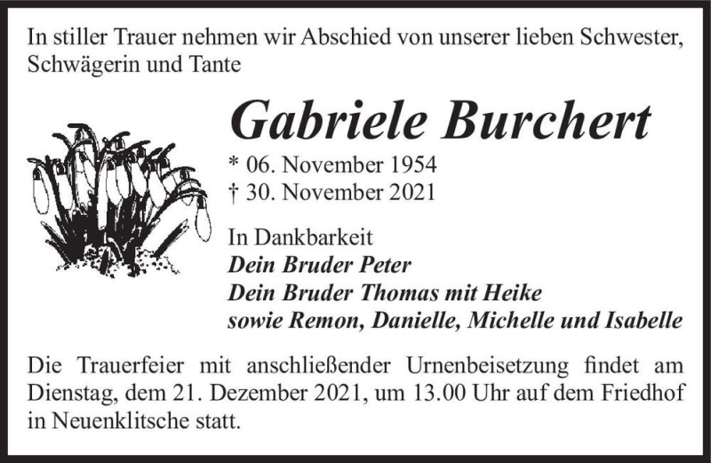  Traueranzeige für Gabriele Burchert  vom 11.12.2021 aus Magdeburger Volksstimme