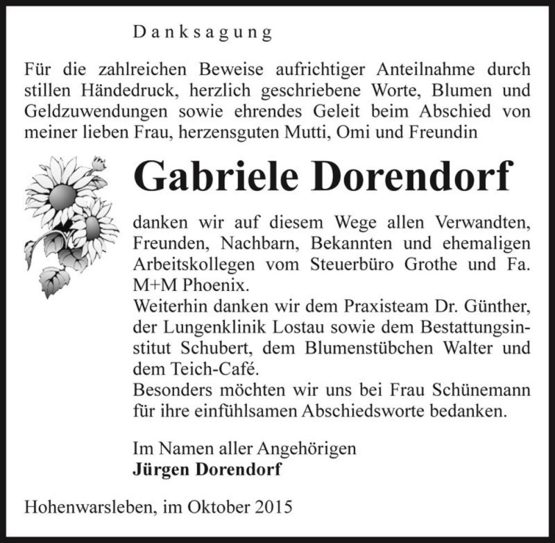  Traueranzeige für Gabriele Dorendorf  vom 17.10.2015 aus Magdeburger Volksstimme
