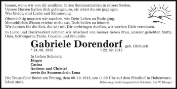 Traueranzeige von Gabriele Dorendorf (geb. Globisch)  von Magdeburger Volksstimme