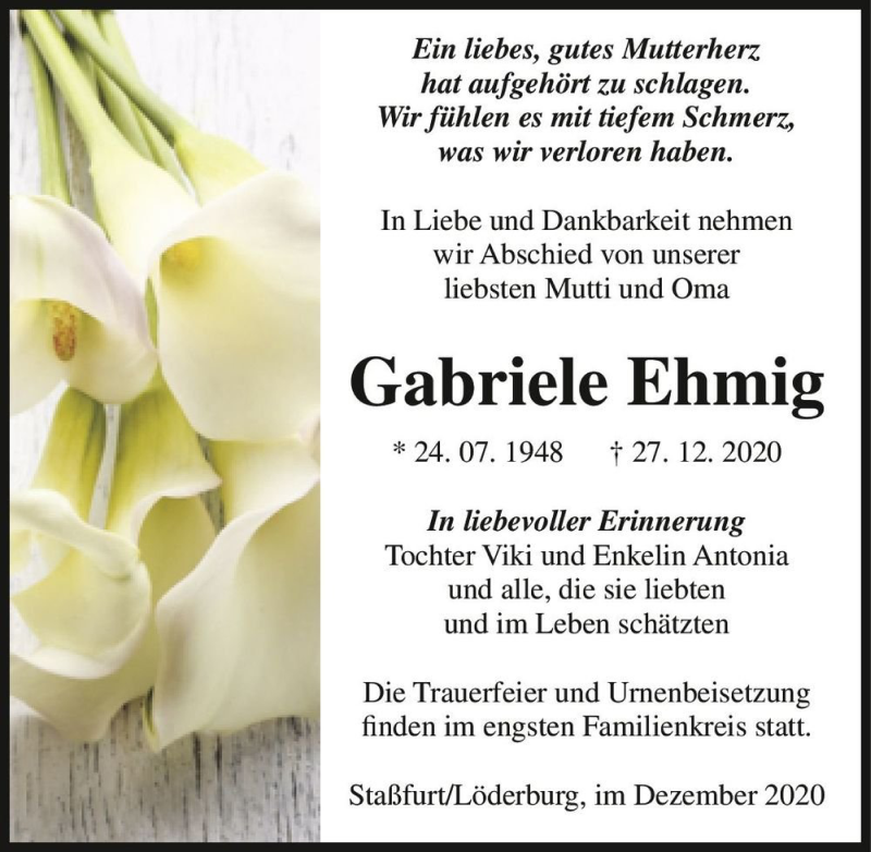  Traueranzeige für Gabriele Ehmig  vom 02.01.2021 aus Magdeburger Volksstimme