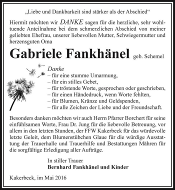 Traueranzeige von Gabriele Fankhäne (geb. Schemel)  von Magdeburger Volksstimme