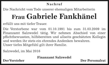 Traueranzeige von Gabriele Fankhänel  von Magdeburger Volksstimme