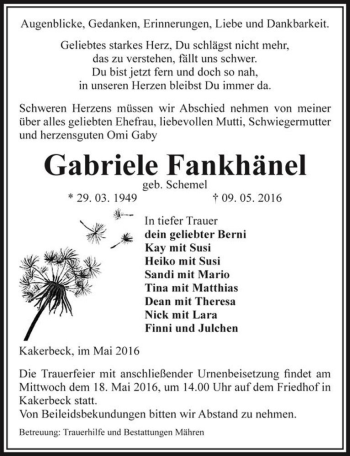 Traueranzeige von Gabriele Fankhänel (geb. Schemel)  von Magdeburger Volksstimme
