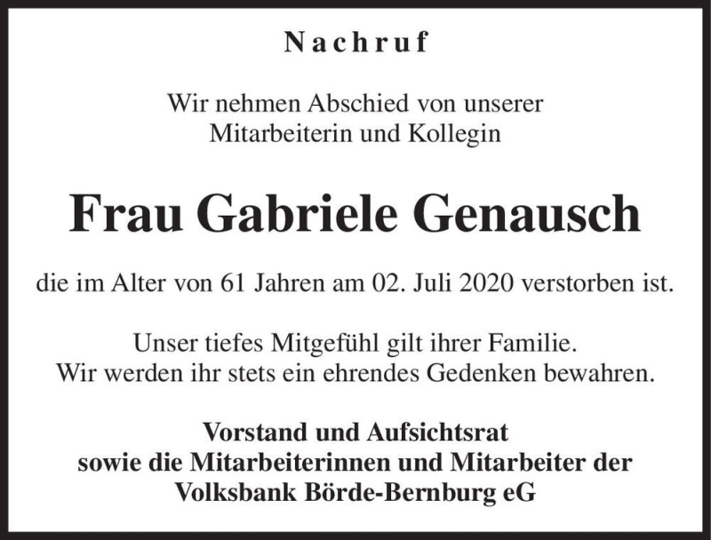 Traueranzeige für Gabriele Genausch  vom 18.07.2020 aus Magdeburger Volksstimme