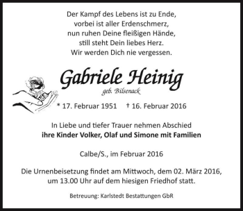 Traueranzeige von Gabriele Heinig (geb. Bilsenack)  von Magdeburger Volksstimme