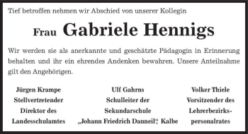 Traueranzeige von Gabriele Hennigs  von Magdeburger Volksstimme