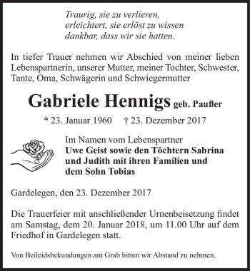 Traueranzeige von Gabriele Hennigs (geb. Paufler)  von Magdeburger Volksstimme