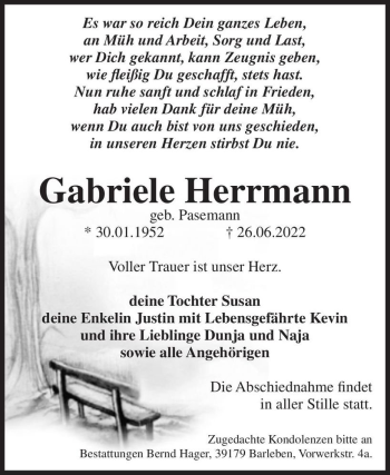 Traueranzeige von Gabriele Herrmann (geb. Pasemann)  von Magdeburger Volksstimme