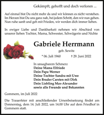 Traueranzeige von Gabriele Herrmann (geb. Sewitz)  von Magdeburger Volksstimme