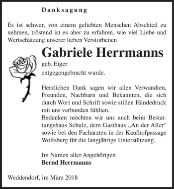 Traueranzeige von Gabriele Herrmanns (geb. Eiger)  von Magdeburger Volksstimme