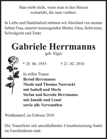 Traueranzeige von Gabriele Herrmanns (geb. Elger)  von Magdeburger Volksstimme