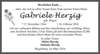 Traueranzeige von Gabriele Herzig (geb. Hagen)  von Magdeburger Volksstimme