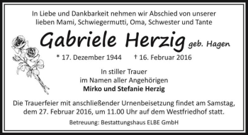 Traueranzeige von Gabriele Herzig (geb. Hagen)  von Magdeburger Volksstimme