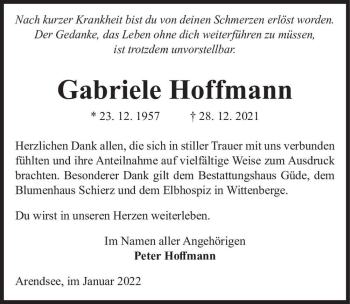 Traueranzeige von Gabriele Hoffmann  von Magdeburger Volksstimme