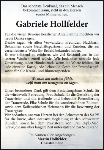 Traueranzeige von Gabriele Hollfelder  von Magdeburger Volksstimme