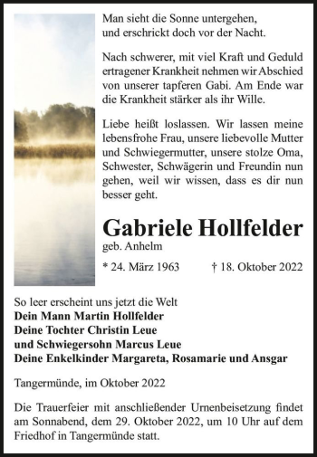 Traueranzeige von Gabriele Hollfelder (geb. Anhelm)  von Magdeburger Volksstimme