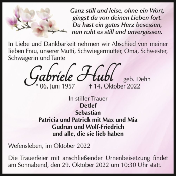 Traueranzeige von Gabriele Hubl (geb. Dehn)  von Magdeburger Volksstimme