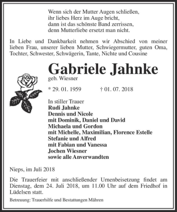 Traueranzeige von Gabriele Jahnke (geb. Wiesner)  von Magdeburger Volksstimme