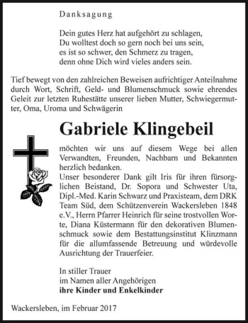 Traueranzeige von Gabriele Klingebeil  von Magdeburger Volksstimme