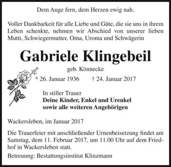 Traueranzeige von Gabriele Klingebeil (geb. Könnecke)  von Magdeburger Volksstimme