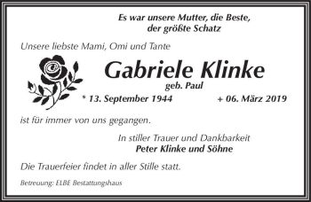 Traueranzeige von Gabriele Klinke (geb. Paul)  von Magdeburger Volksstimme