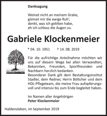 Traueranzeige von Gabriele Klockenmeier  von Magdeburger Volksstimme