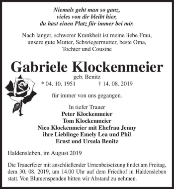 Traueranzeige von Gabriele Klockenmeier (geb. Benitz)  von Magdeburger Volksstimme