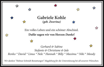 Traueranzeige von Gabriele Kohle (geb. Zwerina)  von Magdeburger Volksstimme