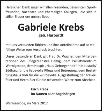 Traueranzeige von Gabriele Krebs (geb. Harbordt)  von Magdeburger Volksstimme