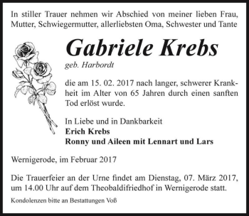 Traueranzeige von Gabriele Krebs (geb. Harbordt)  von Magdeburger Volksstimme