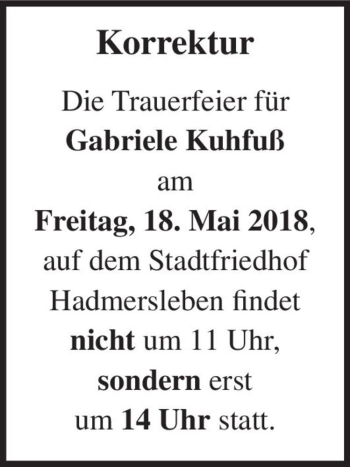 Traueranzeige von Gabriele Kuhfuß  von Magdeburger Volksstimme