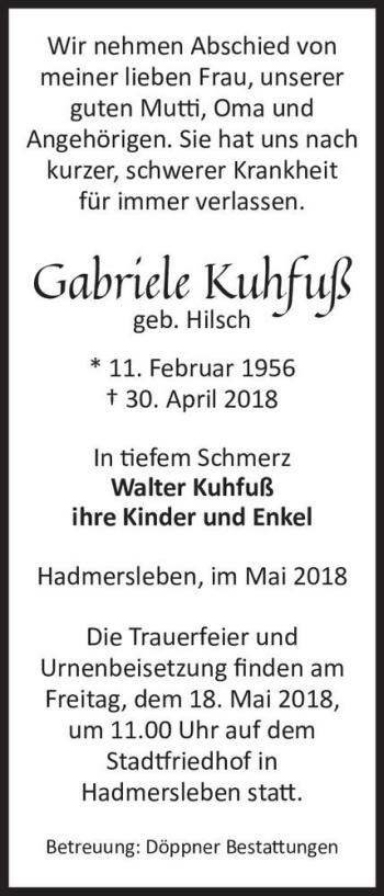 Traueranzeige von Gabriele Kuhfuß (geb. Hilsch)  von Magdeburger Volksstimme