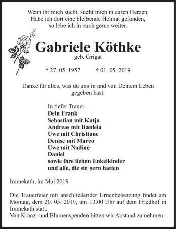 Traueranzeige von Gabriele Köthke  von Magdeburger Volksstimme