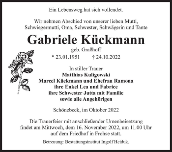 Traueranzeige von Gabriele Kückmann (geb. Graßhoff)  von Magdeburger Volksstimme