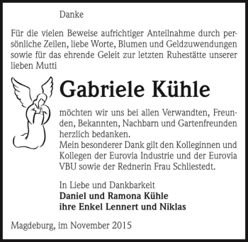 Traueranzeige von Gabriele Kühle  von Magdeburger Volksstimme