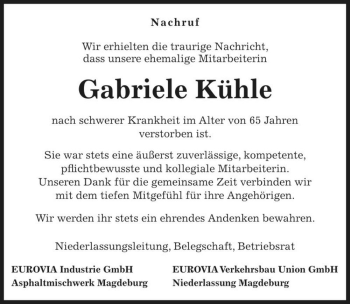 Traueranzeige von Gabriele Kühle  von Magdeburger Volksstimme